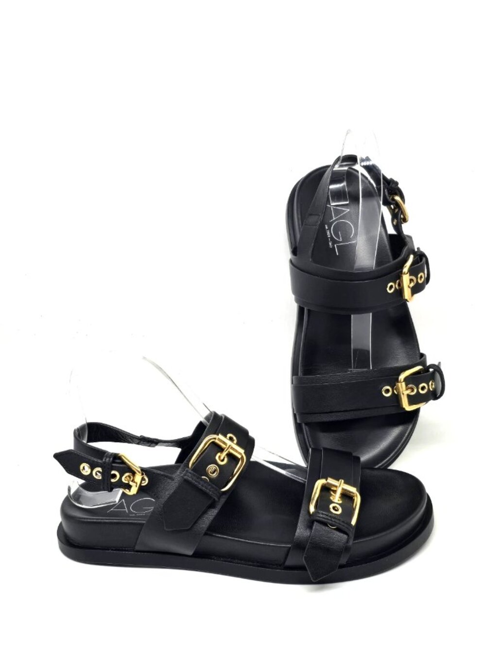 AGL Cristina Multi Buckle Gold Ring Leather Slides Women's Size US 7.5 EU 37.5